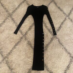 Gold Button Side Slit Black Ribbed Knit Midi Dress Size Medium